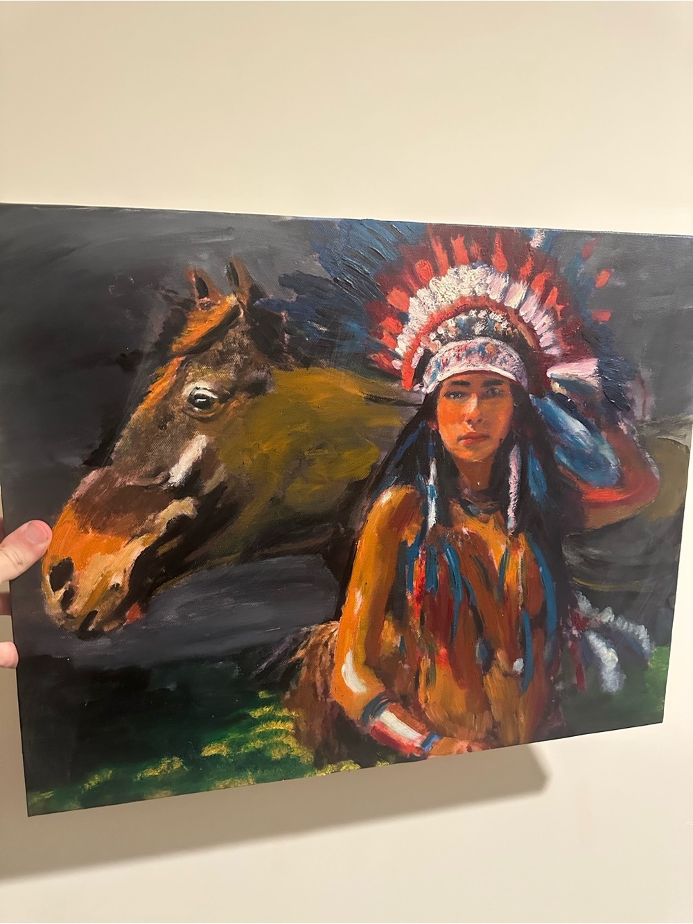 Native American Girl and horse painting - Multicolor Canvas Wall Art 16x20